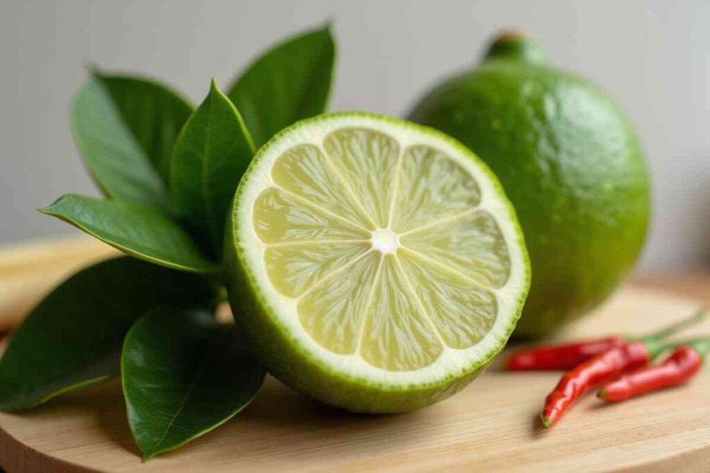 Close-up of kaffir lime fruit with textured green rind and double-shaped leaves, placed beside Southeast Asian spices.