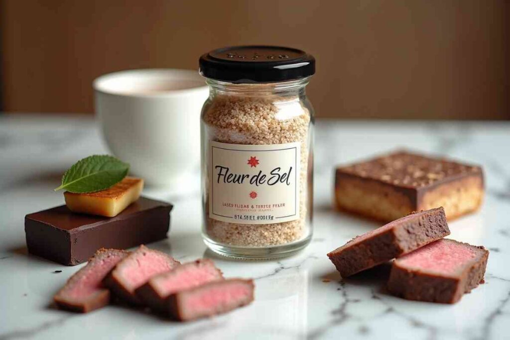 A jar of premium Fleur de Sel surrounded by fresh ingredients - discover the unique flavor of this rare sea salt.