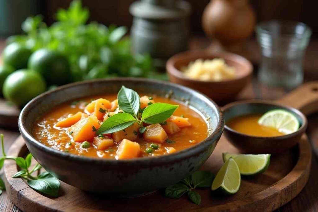 Thai green curry garnished with kaffir lime leaves, showcasing the citrus fruitโs culinary use in Southeast Asian dishes