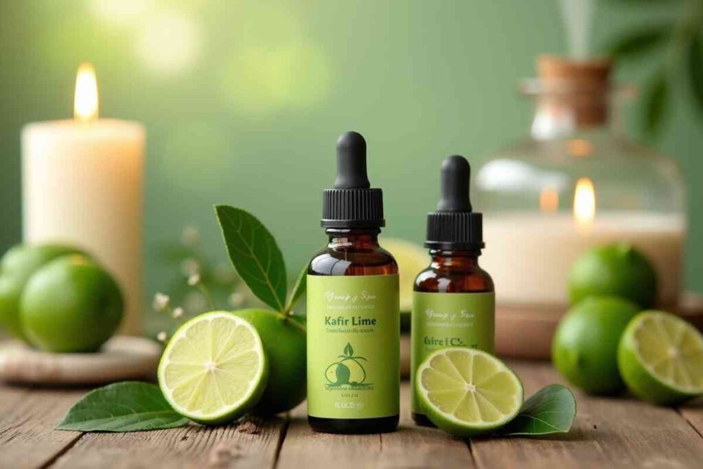 Essential oil bottles made from kaffir lime, surrounded by fruits, leaves, and spa accessories for natural skincare and aromatherapy.