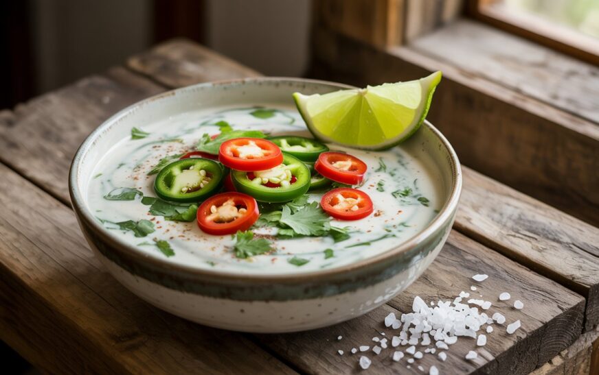 Bowl of homemade jalapeño ranch with chopped cilantro and jalapeño slices on a rustic wooden table.