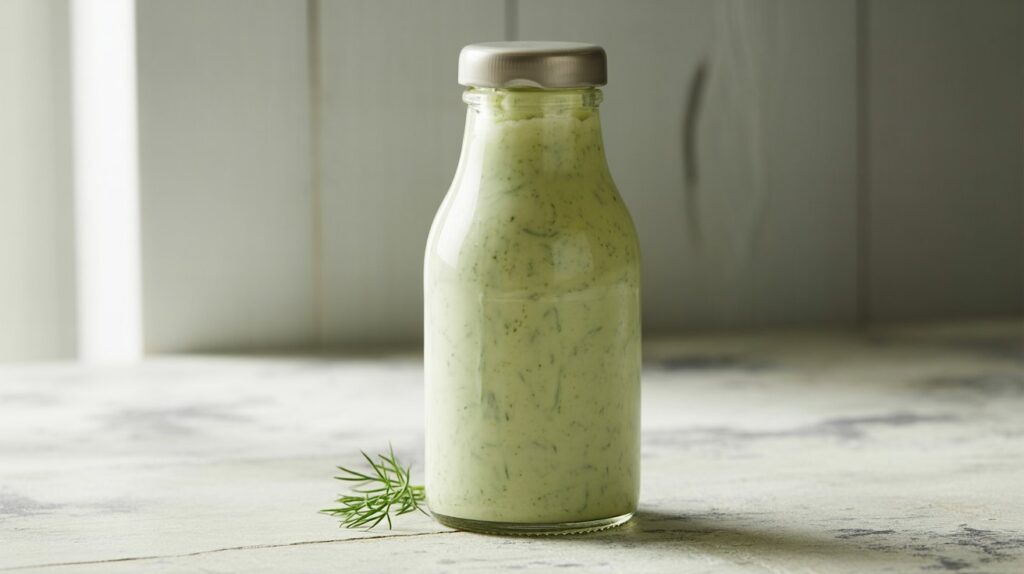 A realistic photo of a tall glass sauce bottle with a rounded cap, filled with creamy green jalapeño ranch sauce. The bottle is sleek and modern, placed on a soft rustic kitchen surface. The background is slightly blurred with warm natural lighting. A clean label with minimalistic design is visible, giving it a homemade but premium look.