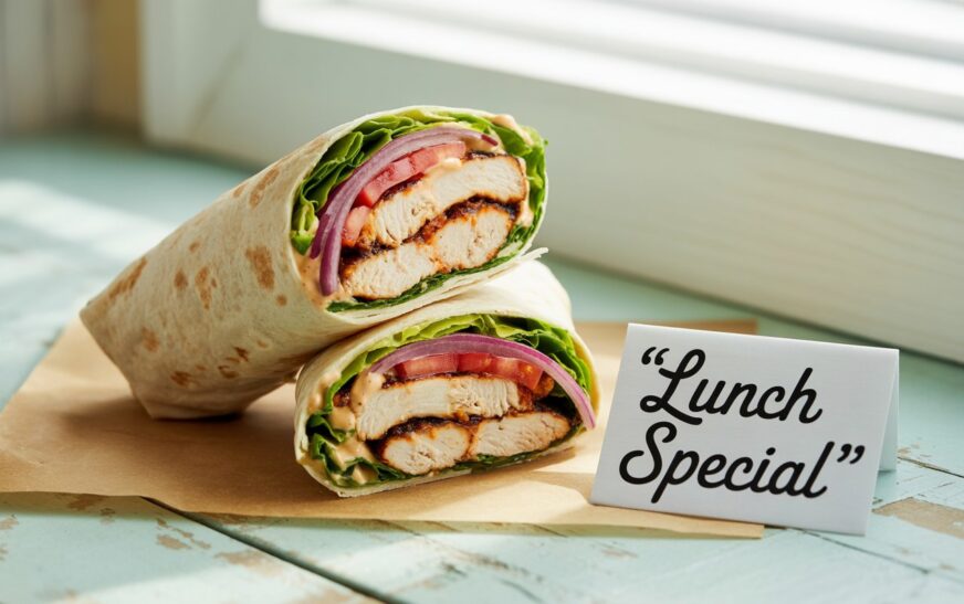 Delicious grilled chicken wraps with juicy chicken, fresh vegetables, and a drizzle of sauce on a wooden table.