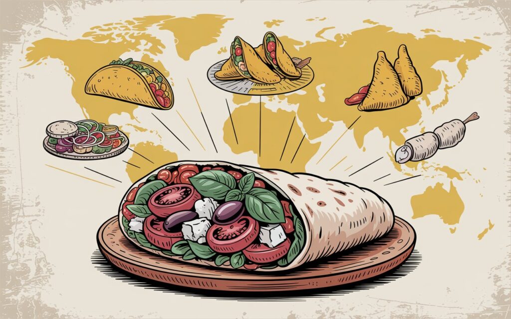 Vintage style illustration featuring a faded world map with hand-drawn sketches of wraps and cultural icons from Mexico, South Asia, and the Mediterranean.